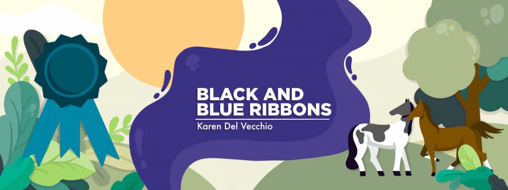 main graphic for column titled "Black and Blue Ribbons," by Karen Del Vecchio. Graphic artist's rendition of a purple wave offset by a field with farm animals and a blue ribbon.