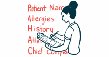 A patient completes a survey on a clipboard, against a backdrop of medical data topic words.