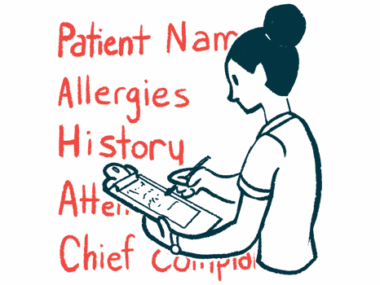 A patient completes a survey on a clipboard, against a backdrop of medical data topic words.