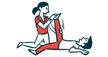 An illustration of a physical therapist stretching a patient's leg.