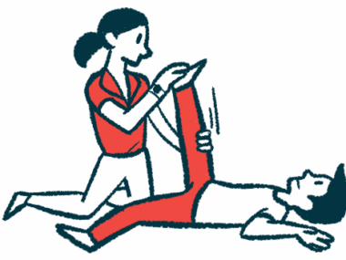 A physical therapist is seen stretching a patient's leg during a therapy session.