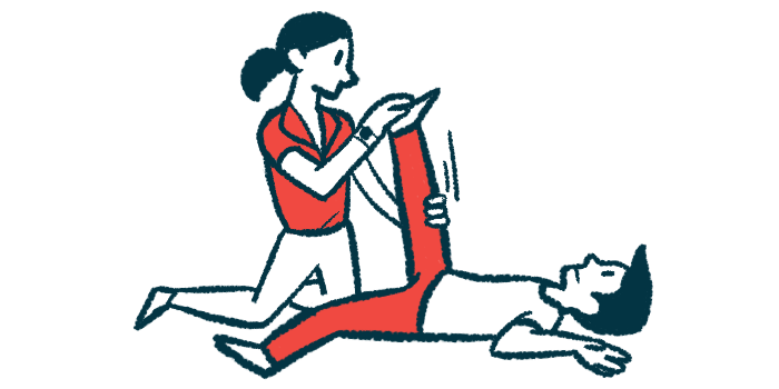 An illustration of a physical therapist stretching a patient's leg.