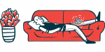 An illustration shows a person with joint pain lying on couch.