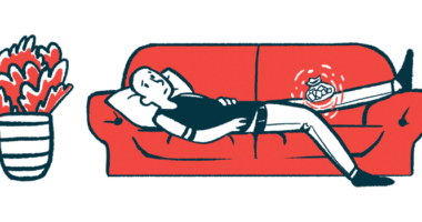 An illustration shows a person with knee pain lying on a couch.