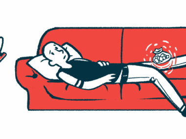 A person with joint pain is seen lying on a couch with a bag of ice on one knee.