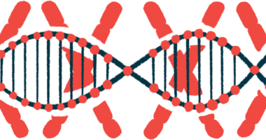 An illustration shows a DNA strand on a background of large X's.