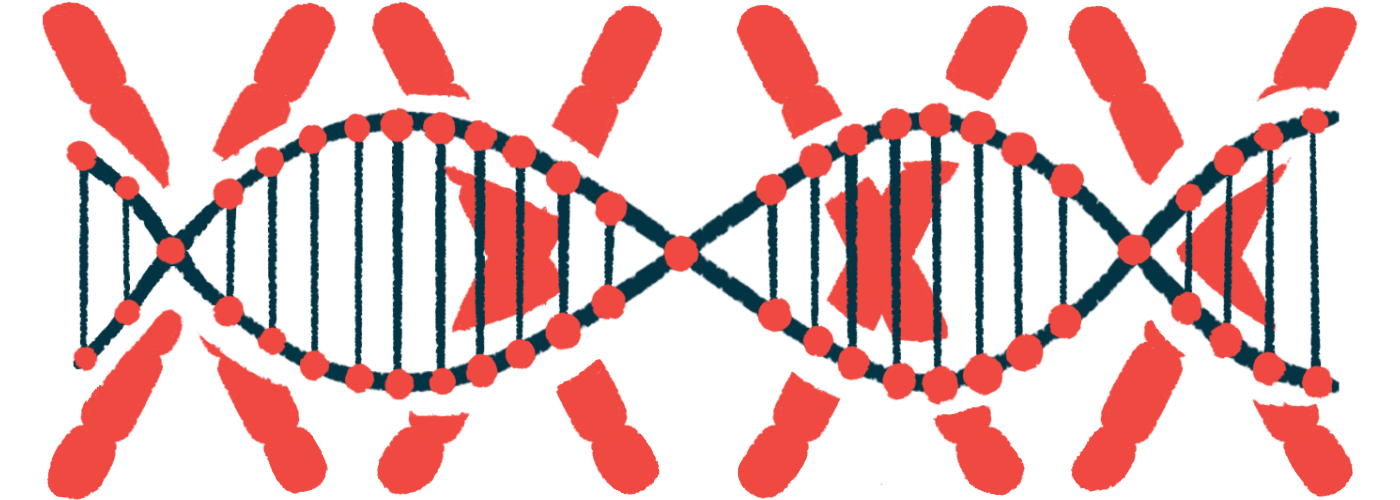 An illustration shows a DNA strand on a background of large X's.