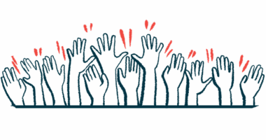 A line of hands are raised in the air emphatically.