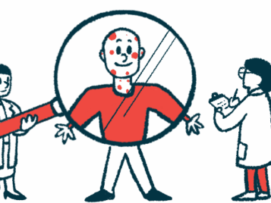 A researcher holds a giant magnifying glass in front of a patient while another researcher takes notes.