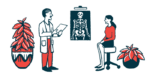 An illustration of a woman and a medical professional viewing an X-ray.