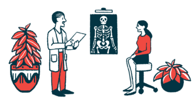 An illustration of a woman and a medical professional viewing an X-ray.