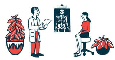 An illustration of a woman and a medical professional viewing an X-ray.