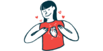 A woman, wearing a red shirt and smiling, is shown with hearts around her, and her heart in her chest highlighted.