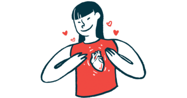 A woman, wearing a red shirt and smiling, is shown with hearts around her, and her heart in her chest highlighted.