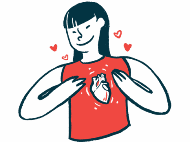 A woman, wearing a red shirt and smiling, is shown with hearts around her, and her heart in her chest highlighted.