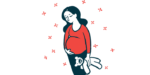 Illustration of pregnant woman holding a teddy bear.