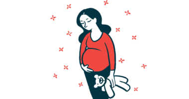 Illustration of pregnant woman holding a teddy bear.