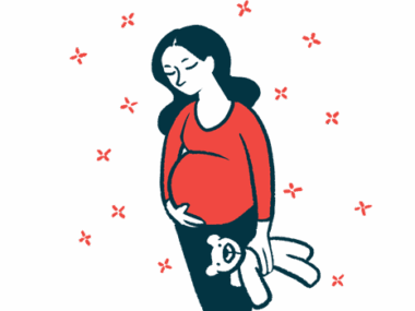 Illustration of pregnant woman holding a teddy bear.