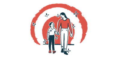 Illustration of a parent and child holding hands while walking.