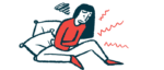 A woman is shown holding her stomach while bolts signifying pain emanate from it.