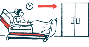 A person on a stretcher is seen in a corridor outside a set of double doors.