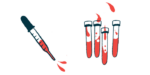 A squirting dropper is pictured alongside four vials each half filled with blood.