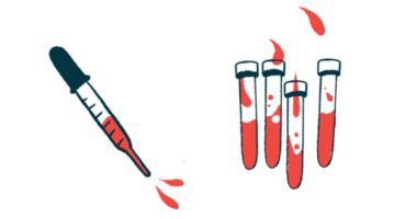 A squirting dropper is pictured alongside four vials each half filled with blood.