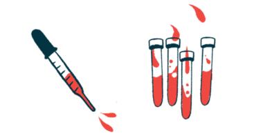 A squirting dropper is pictured alongside four vials each half filled with blood.