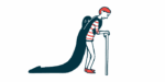 A person with a cane drags a dark figure on their back in this illustration of fatigue and depression.