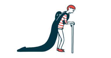 A person with a cane drags a dark figure on their back, to convey fatigue and depression.