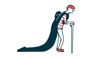 A person with a cane drags a dark figure on their back, to convey fatigue and depression.