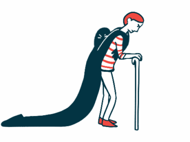 A person with a cane drags a dark figure on their back in this illustration of fatigue and depression.