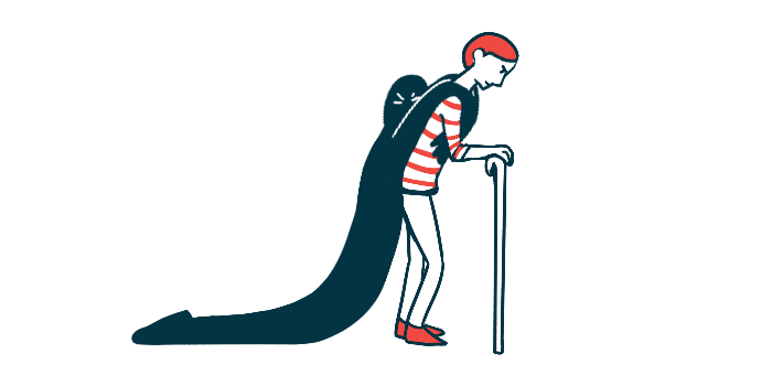 A person with a cane drags a dark figure on their back, to convey fatigue and depression.