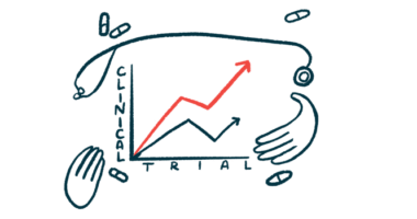 A pair of hands and a stethoscope frame a CLINICAL TRIAL graph.