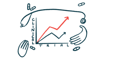 A pair of hands and a stethoscope frame a CLINICAL TRIAL graph.