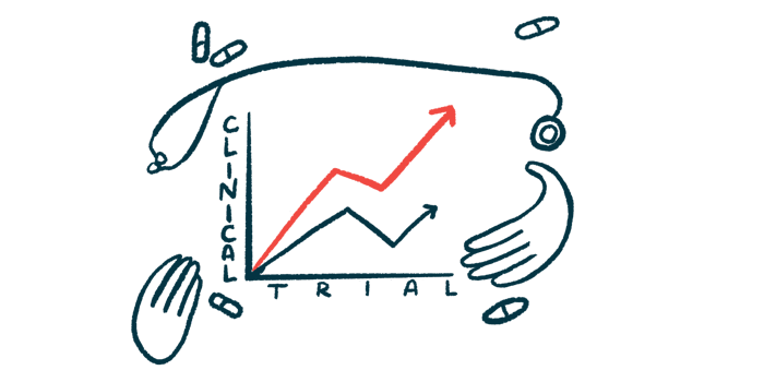 A pair of hands and a stethoscope frame a CLINICAL TRIAL graph.