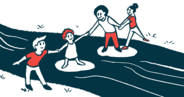 People hold hands to help each other cross a body of water.