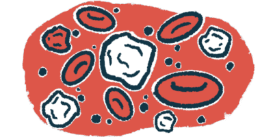 An illustration shows a close-up view of a cluster of red and white blood cells.