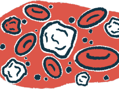 An illustration shows a close-up view of a cluster of red and white blood cells.