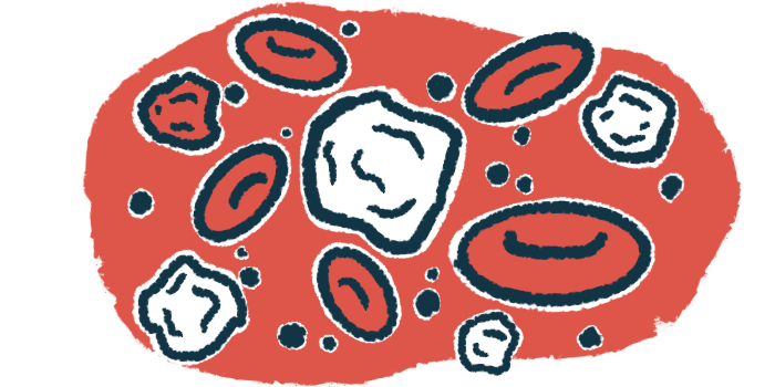 An illustration shows a close-up view of a cluster of red and white blood cells.