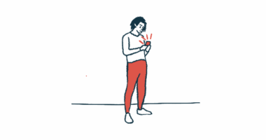 An illustration of a man looking at a smartphone.