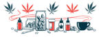 Five marijuana leaves are seen floating above a variety of medical cannabis products.