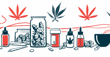 An illustration shows a variety of medical marijuana products below five marijuana leaves.