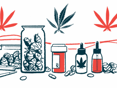 An illustration shows a variety of medical marijuana products below five marijuana leaves.
