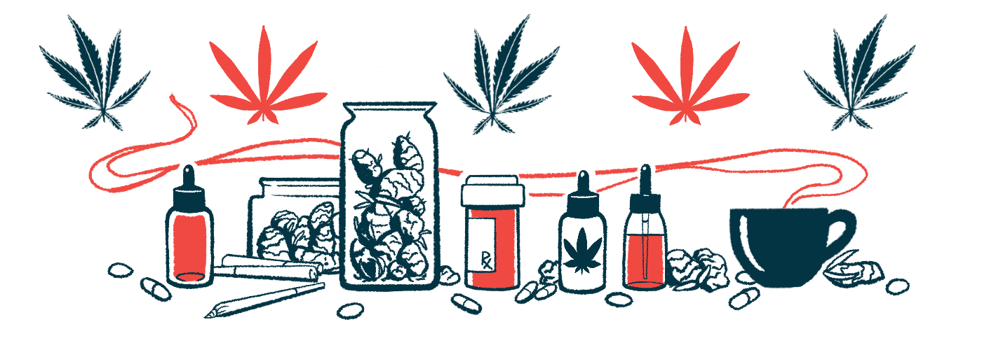 An illustration shows a variety of medical marijuana products below five marijuana leaves.