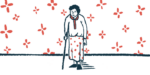 A woman uses a cane while walking.