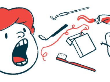 A person's head with an open mouth is shown with an array of dental implements.