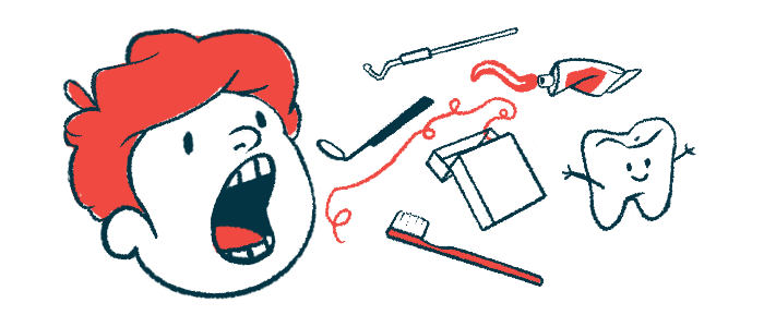 A person's head with an open mouth is shown with an array of dental implements.