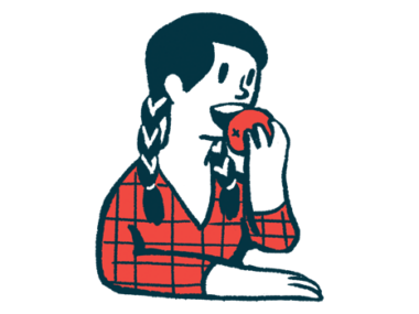 An illustration is shown of a woman eating an apple.