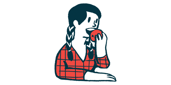 An illustration is shown of a woman eating an apple.